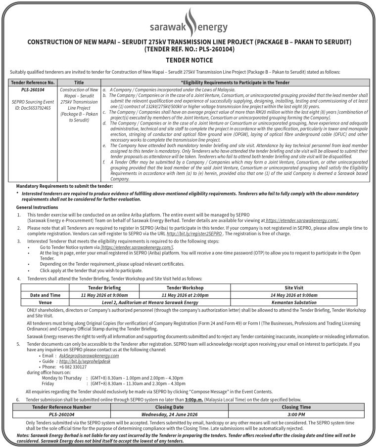SEB TENDER NOTICE PLS260104 | Sarawak Tribune