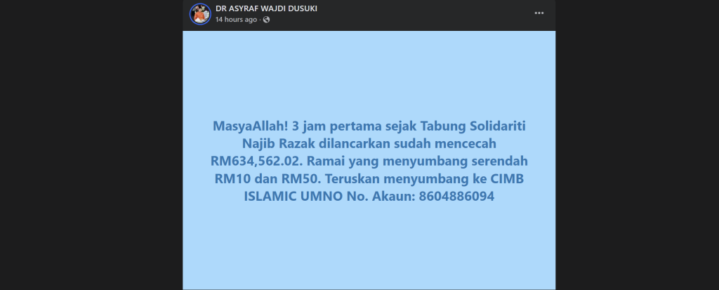 Najib solidarity fund raises RM634,562 in three hours