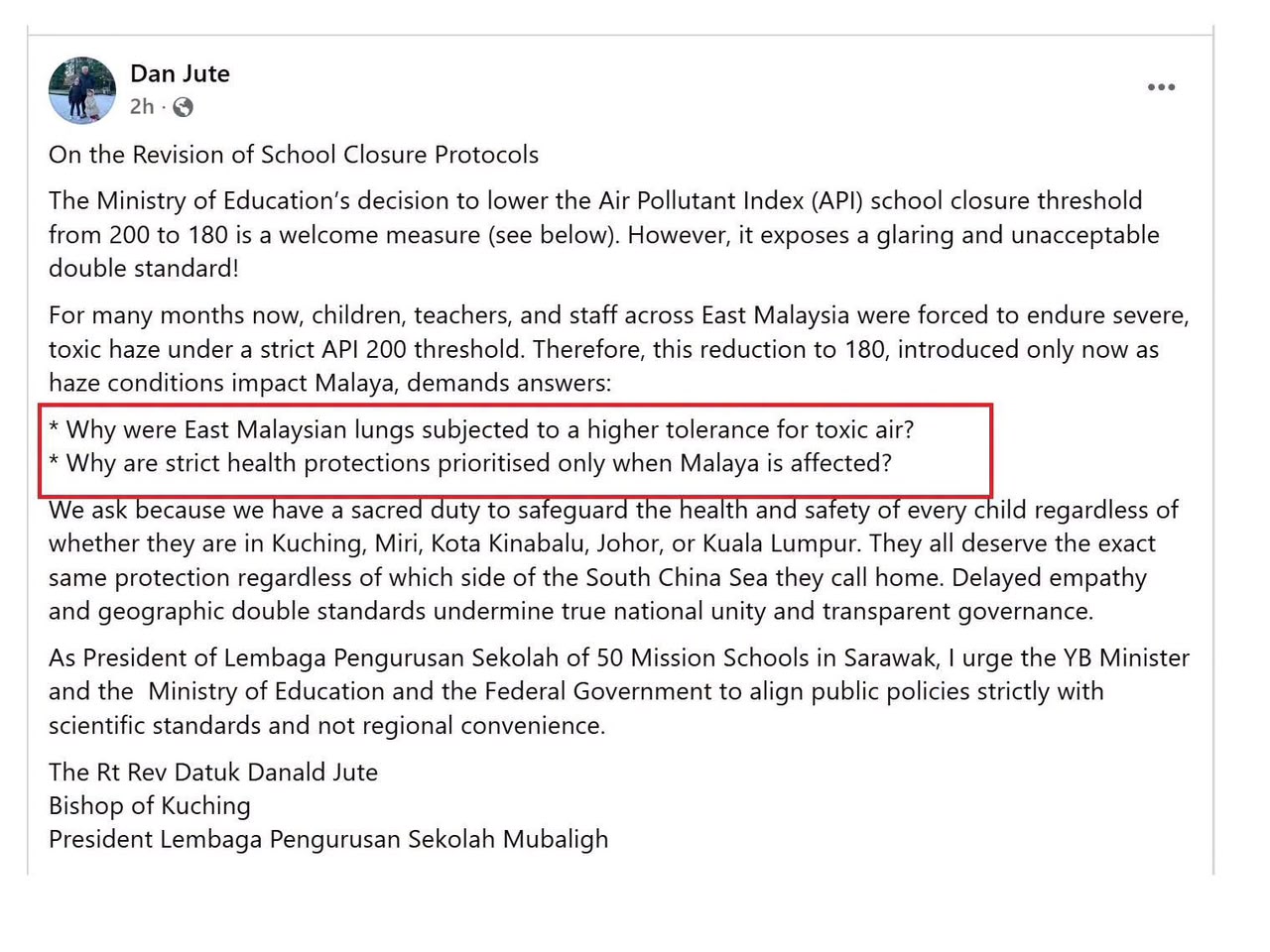 Chin backs Bishop over haze policy